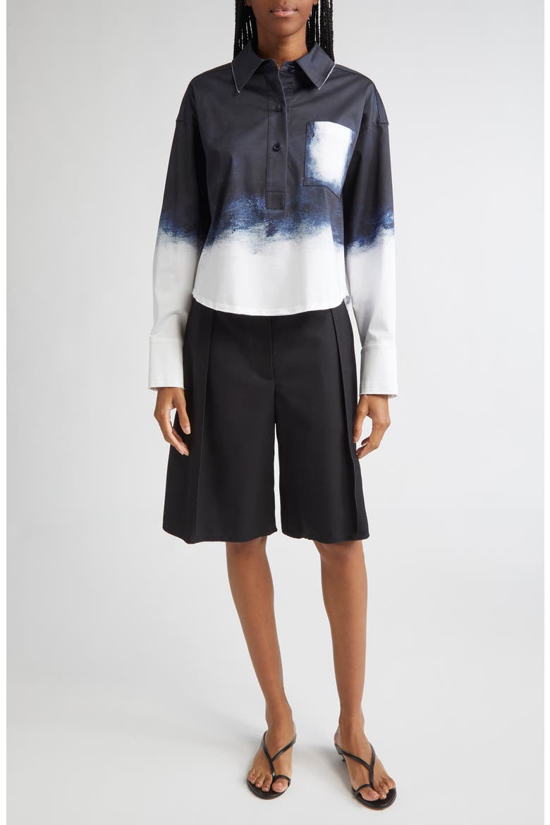 Smudged Button Front Stretch Cotton Canvas Top, Alternate, color, NAVY / WHITE