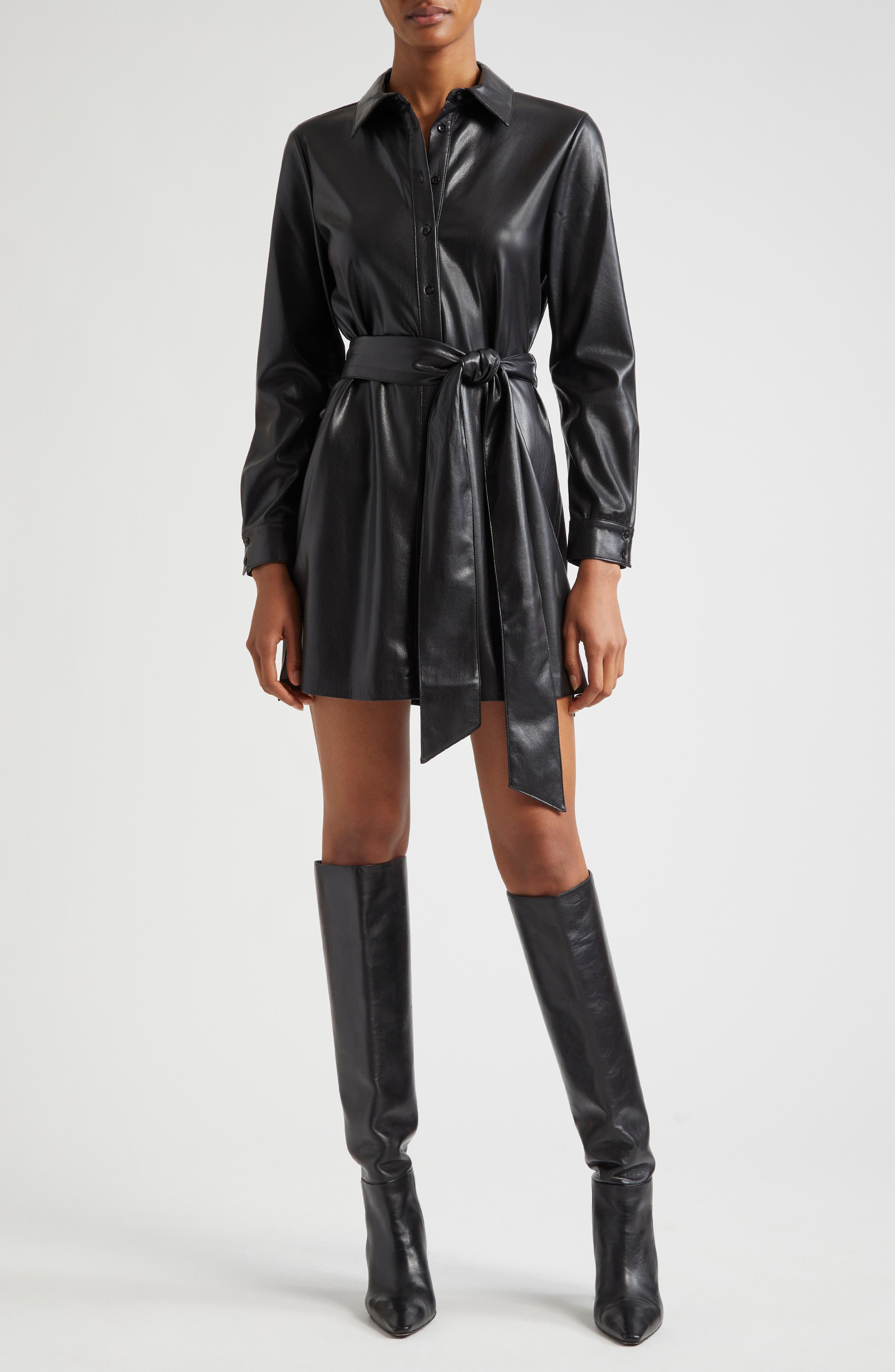 Alice + Olivia Chassidy Belted Faux Leather Shirtdress