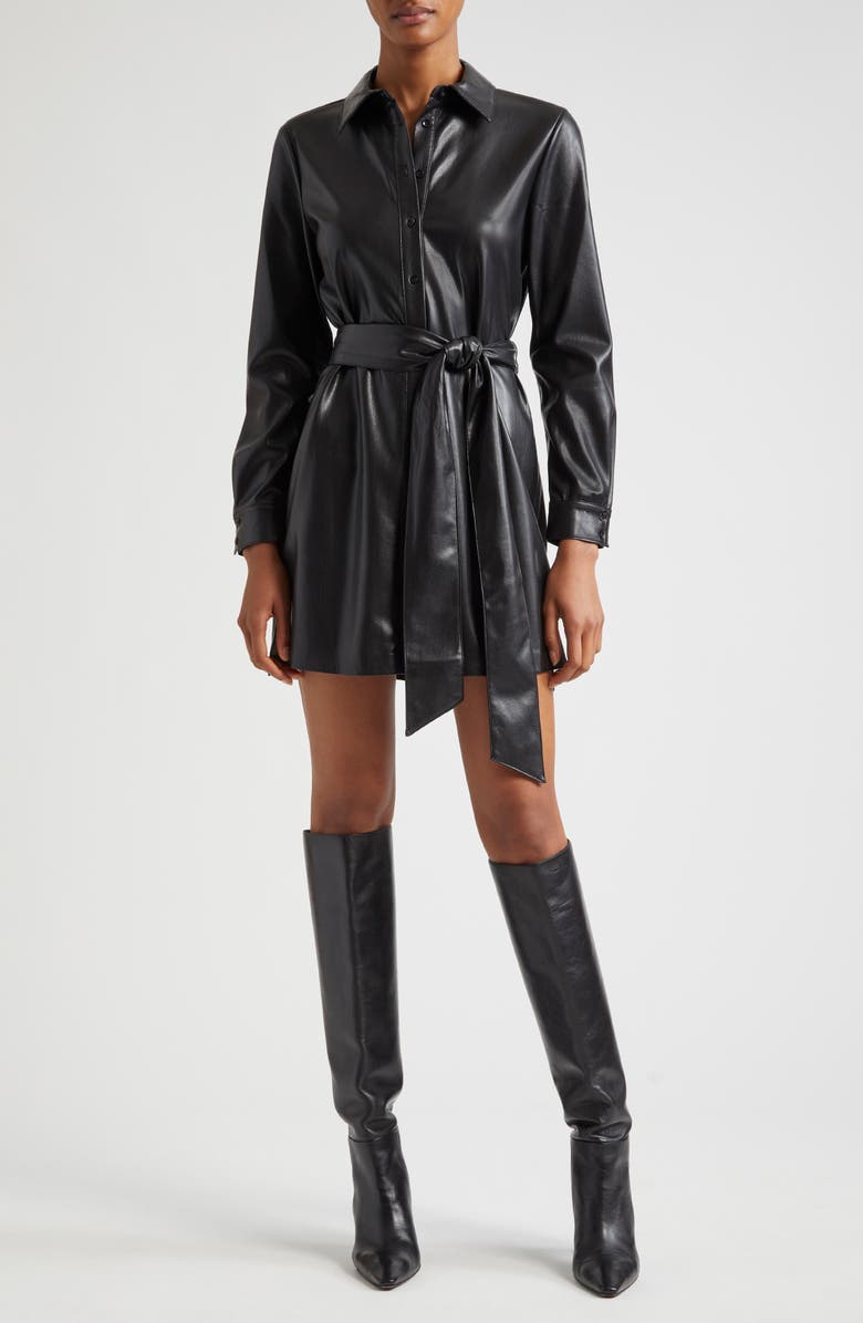 Alice + Olivia Chassidy Belted Faux Leather Shirtdress, Main, color, 