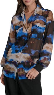 DKNY Floral Print Long Sleeve Chiffon Shirt