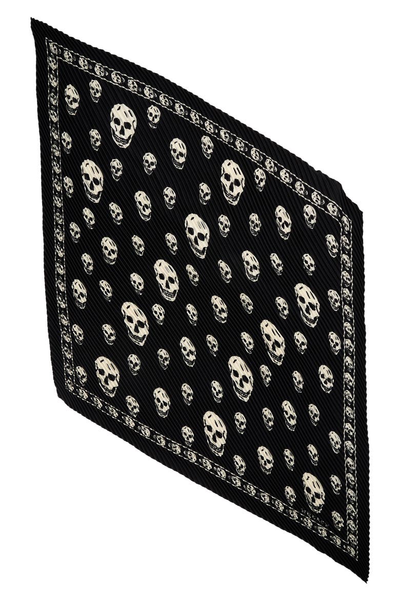 Classic Skull Print Pleated Silk Square Scarf, Main, color, BLACK/ IVORY