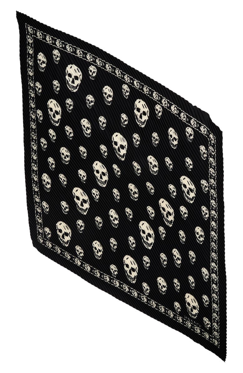 McQueen Classic Skull Print Pleated Silk Square Scarf, Main, color, Black/ Ivory
