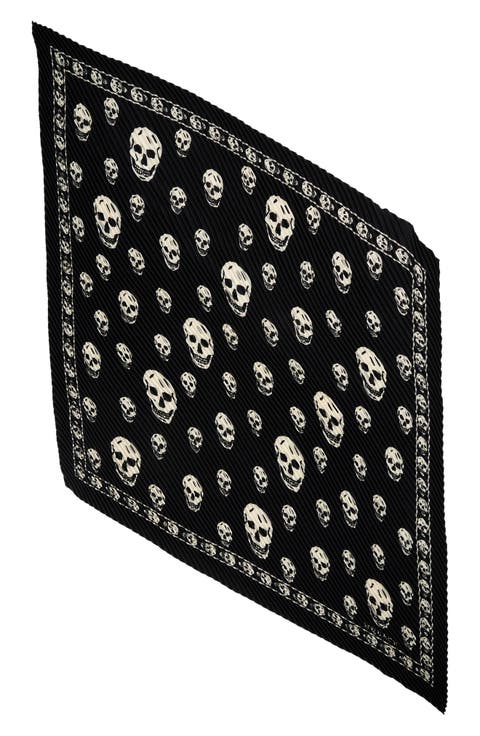 Classic Skull Print Pleated Silk Square Scarf