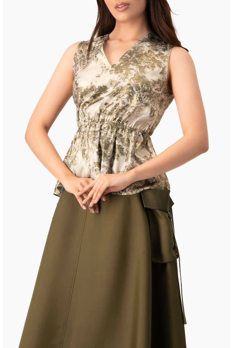 Sleeveless Peplum Blouse in Abstract Botanical Print, Alternate, color, Olive Green
