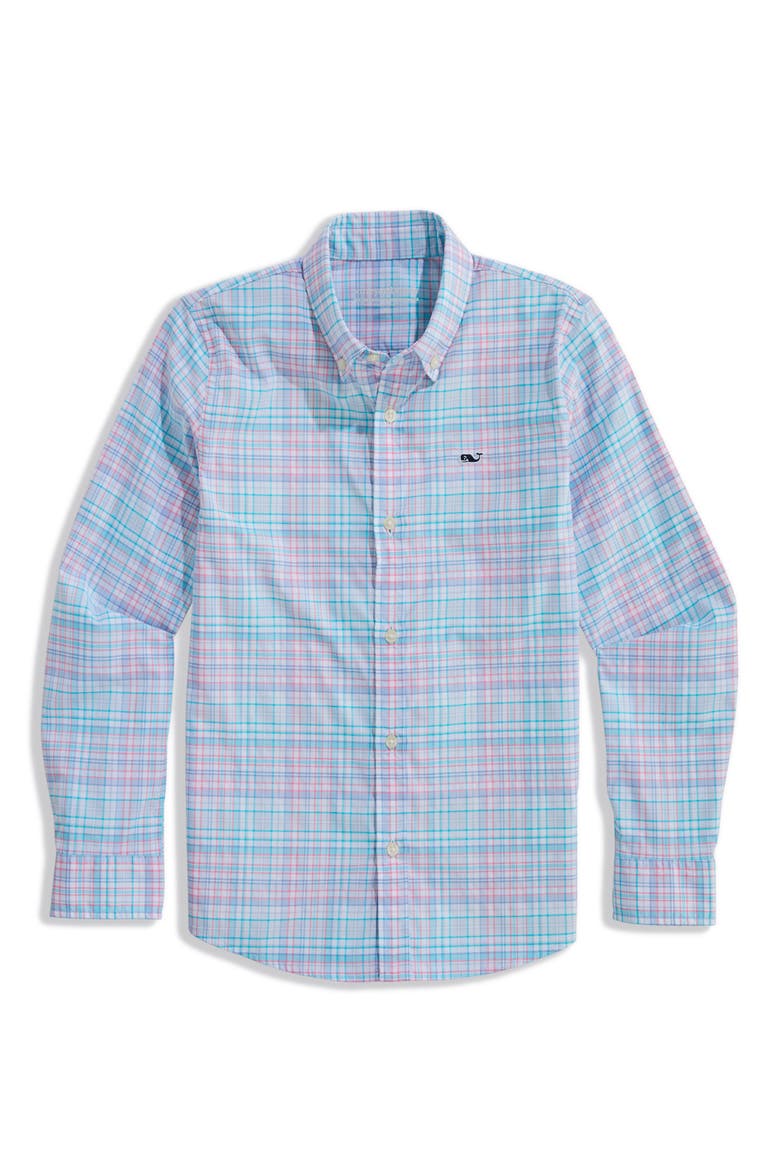 Kids' Parrotfish Plaid Featherweight Performance Button Down Shirt, Main, color, BAHAMA BREEZE