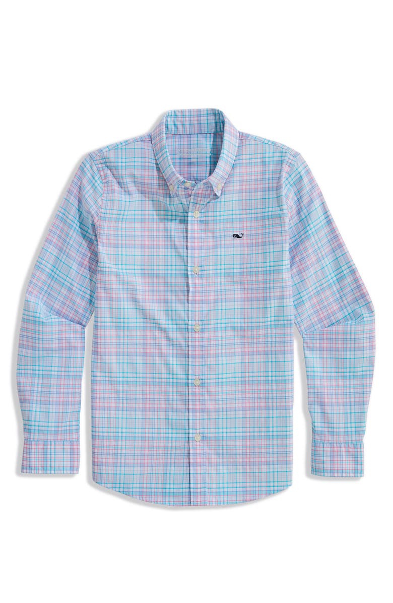 vineyard vines Kids' Parrotfish Plaid Featherweight Performance Button Down Shirt, Main, color, Bahama Breeze