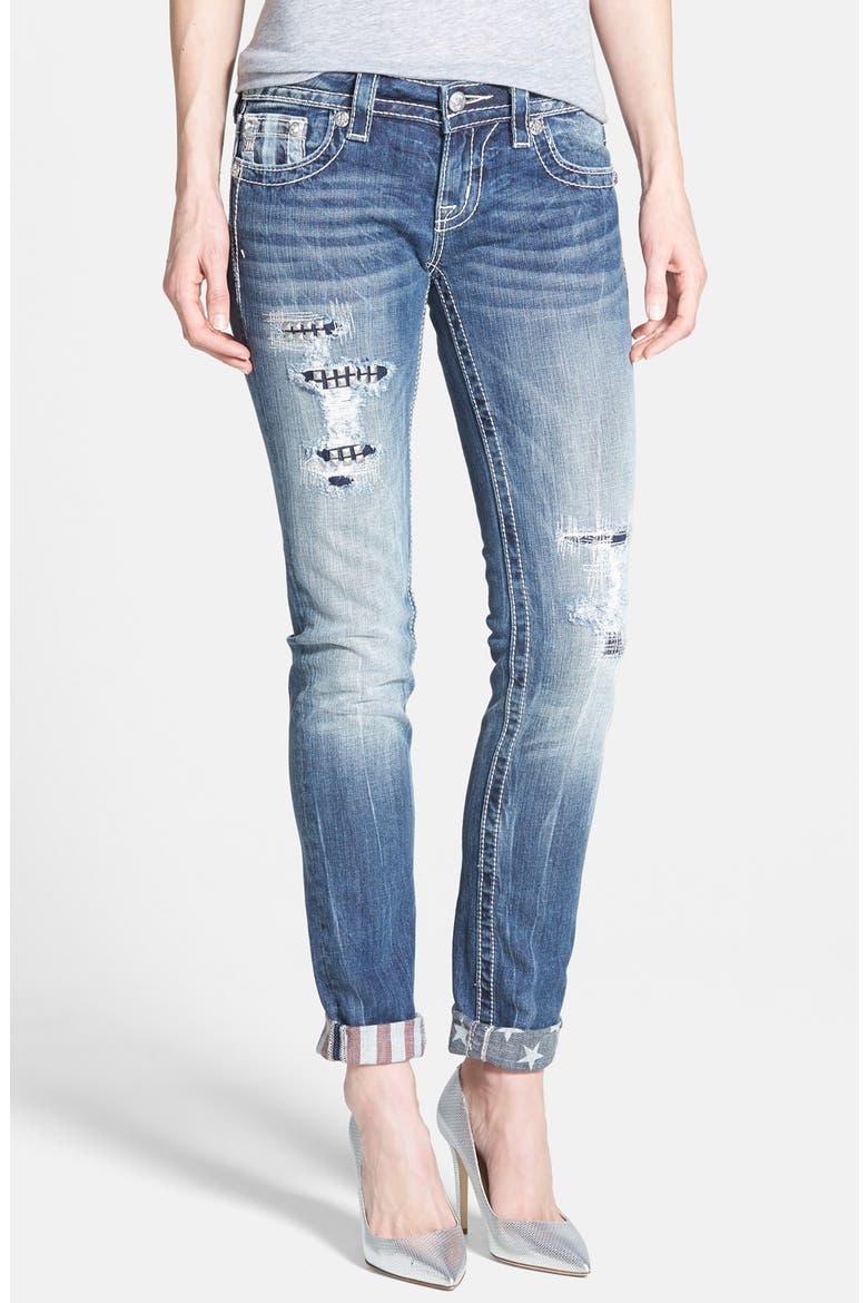 Embellished Distressed Roll Cuff Ankle Skinny Jeans, Main, color, BLUE