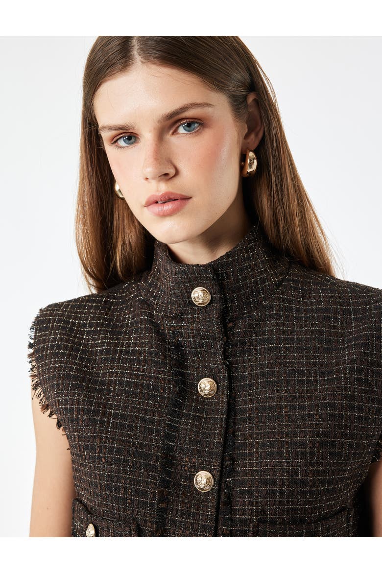 Funnel Neck Tweed Vest with Button and Pocket, Alternate, color, BROWN