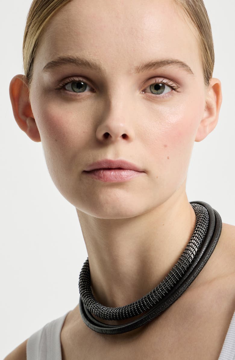 Brunello Cucinelli Leather precious necklace, Alternate, color, Black