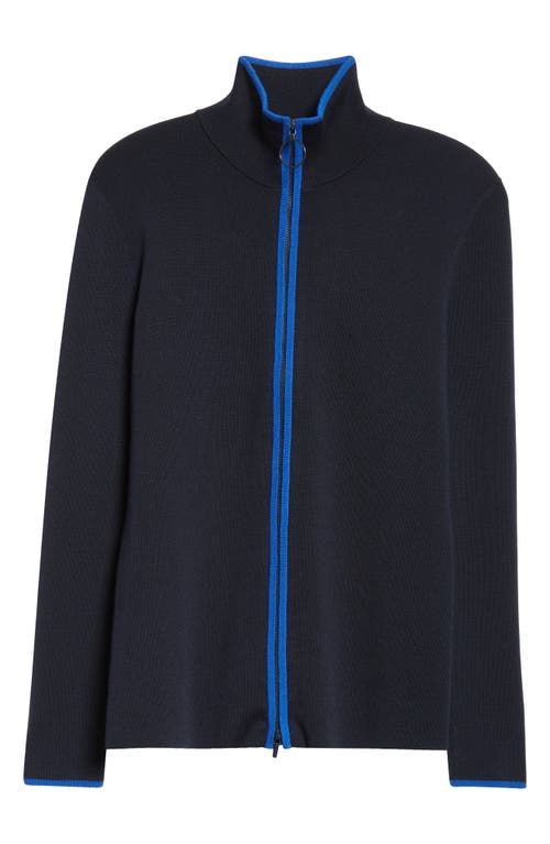 Akris Punto Contrast Trim Virgin Merino Wool Zip Front Cardigan In Blue