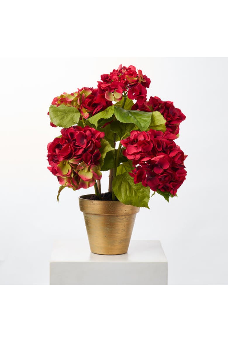 Potted Red Silk Hydrangea Stems Flowering Multi-Bloom Plant in Brushed Metallic Gold Pot, Main, color, Red
