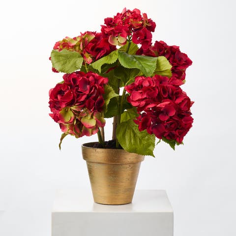 Potted Red Silk Hydrangea Stems Flowering Multi-Bloom Plant in Brushed Metallic Gold Pot
