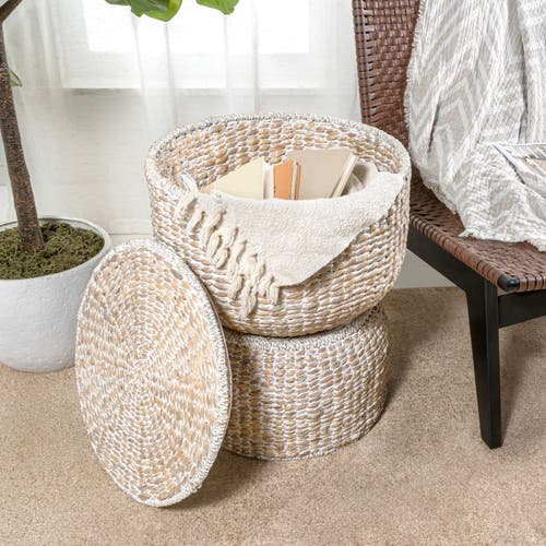 Happimess Bhola Hourglass Handwoven Hyacinth Storage Accent Table With Lid In White Wash