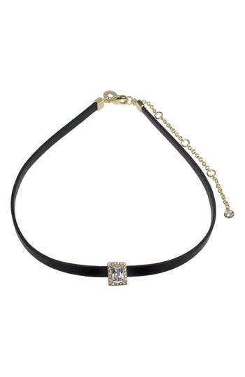 Cz By Kenneth Jay Lane Cubic Zirconia Faux Leather Choker Necklace In Black