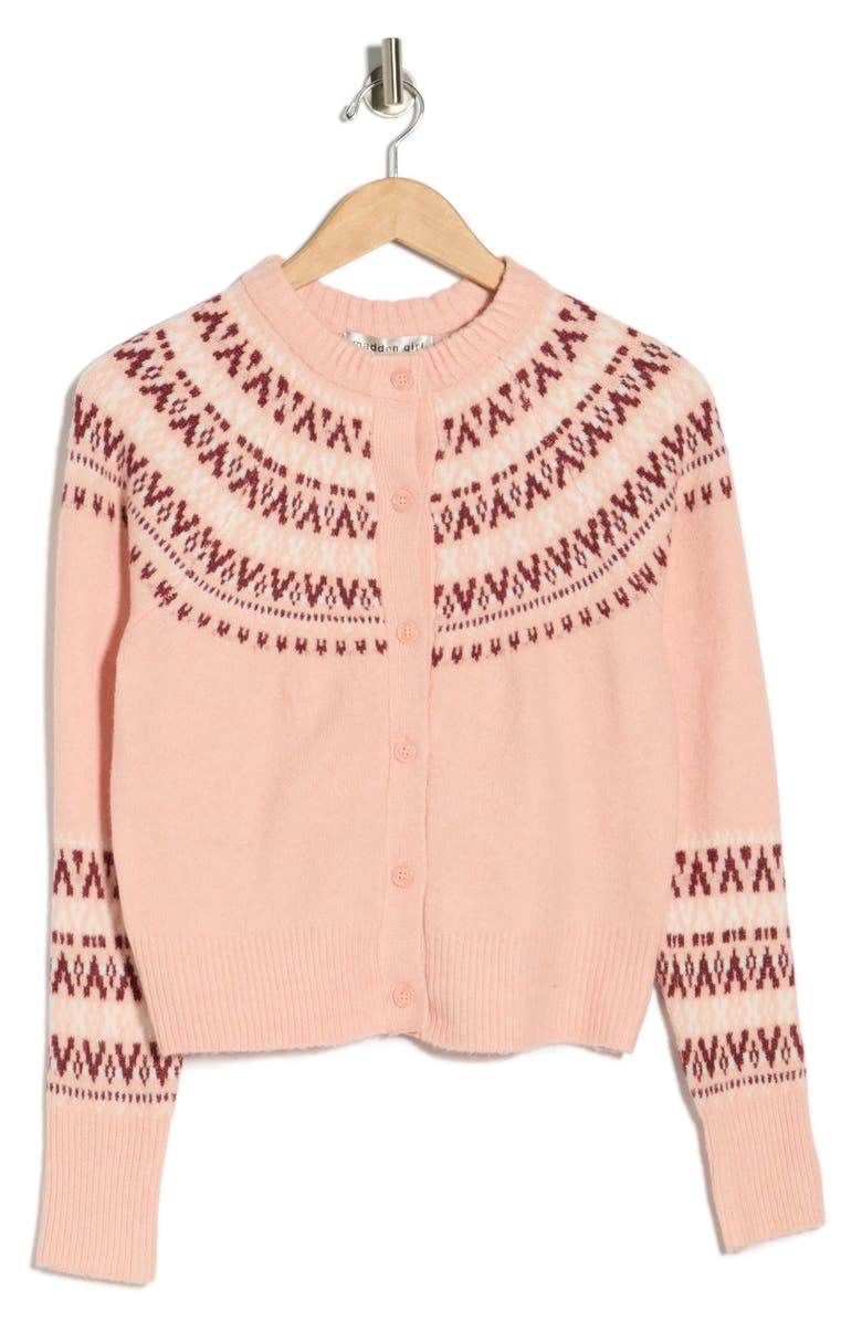 Madden Girl Fair Isle Jacquard Crewneck Crop Cardigan, Alternate, color, Silver Pink Combo
