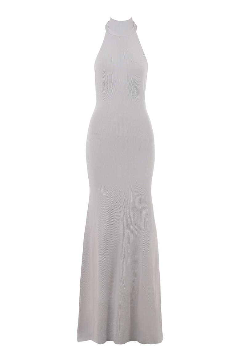 grey halter top dress Elma Lurex Knit Halter Maxi Dress / Silver | MESHKI