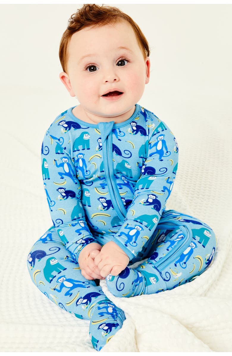 Clover Baby & Kids Soft & Stretchy Zipper Footie - Monkeying Around Blue, Alternate, color, Monkeying Around Blue