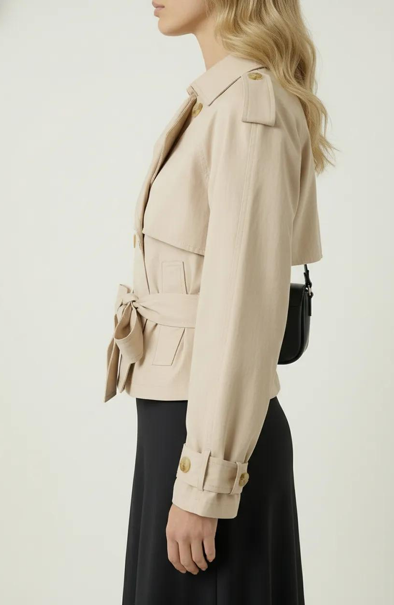 Modenaire Cropped Double-Breasted Trench Jacket with Waist Tie, Alternate, color, 