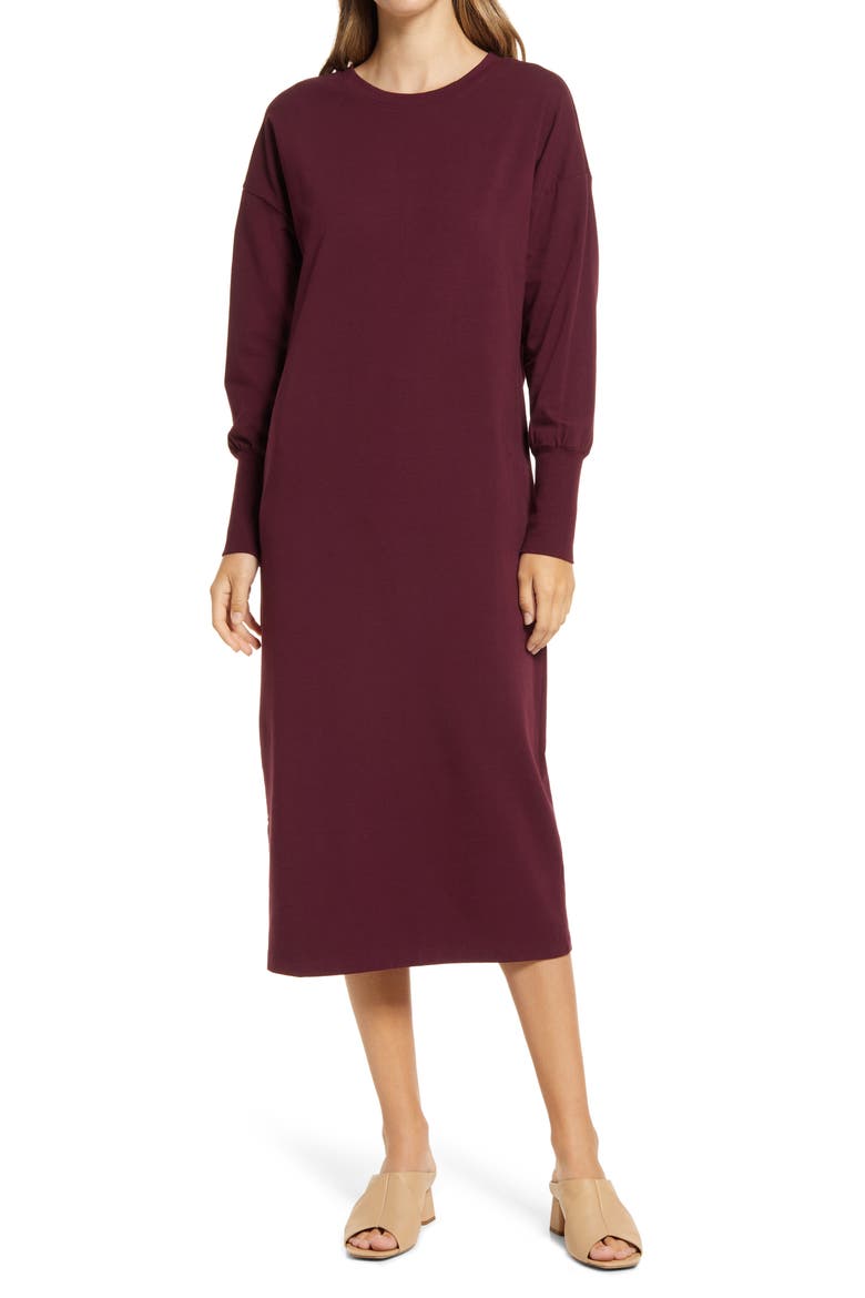 Dolman Long Sleeve Stretch Cotton Midi Dress, Main, color, BURGUNDY STEM