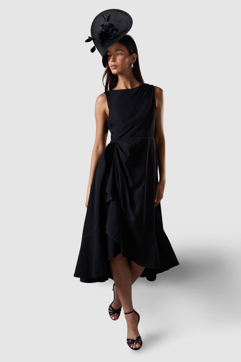 Crepe Low Back Ruffle Dress, Main, color, Black