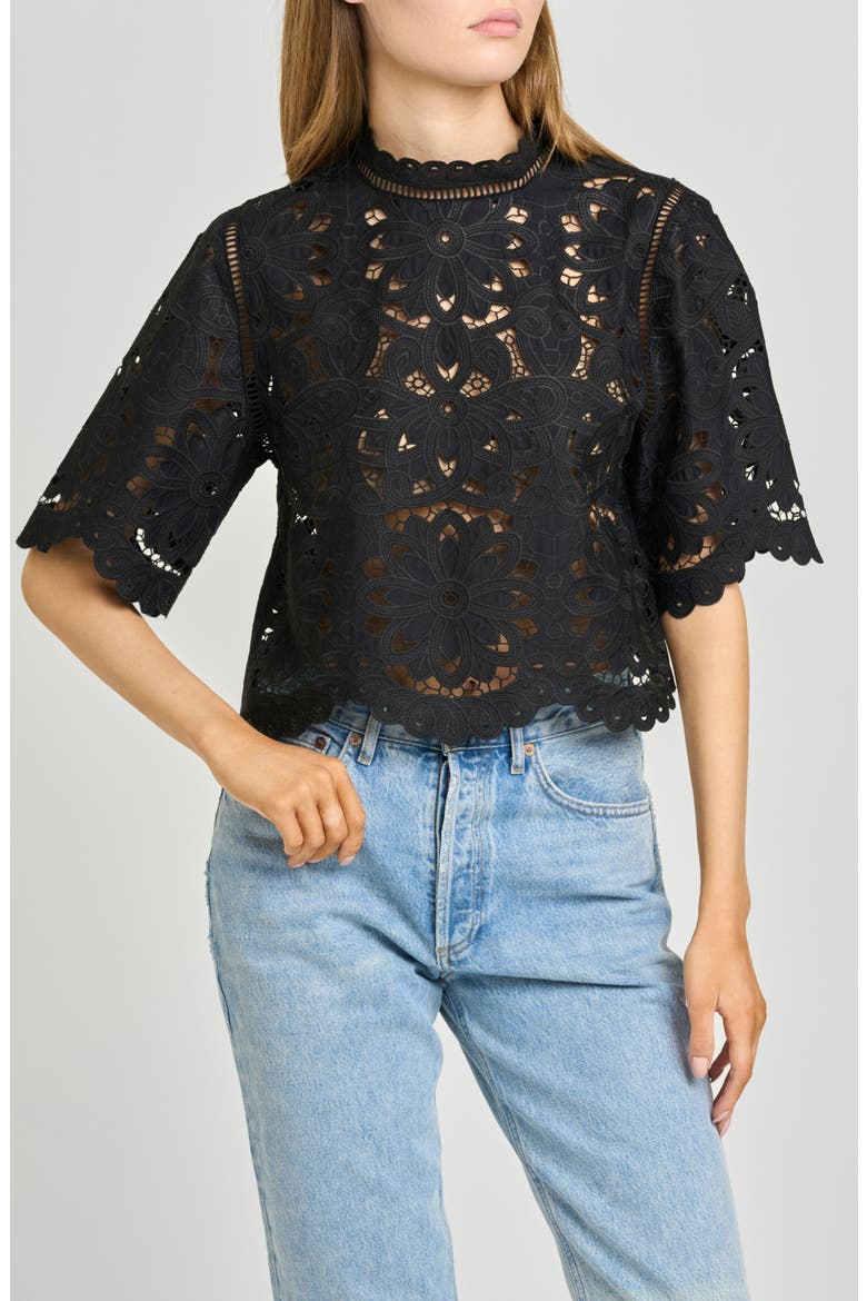 Mary Floral Embroidered Mock Neck Top, Main, color, BLACK