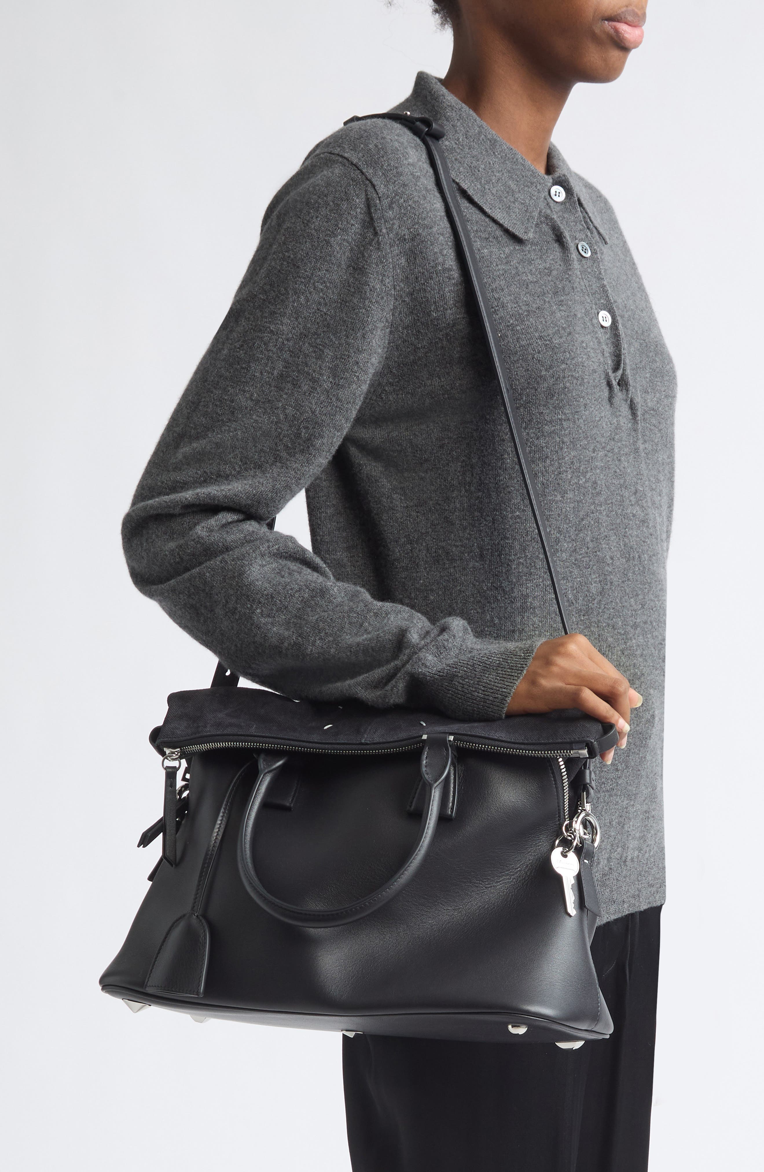 Medium 5AC Soft Leather & Canvas Top Handle Bag, Alternate, color, DARK GREY