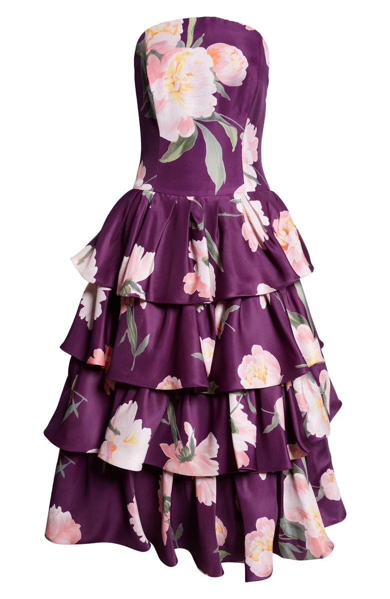 Carolina Herrera Floral Print Strapless Ruffle Midi Dress, Alternate, color,