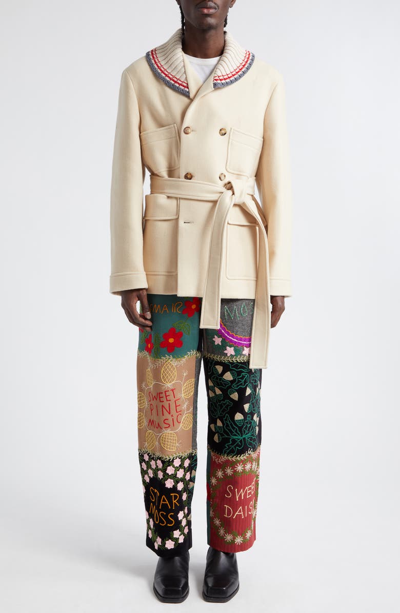 Bode Floral Genus Embroidered Patchwork Wool & Cotton Straight Leg Pants, Alternate, color, 