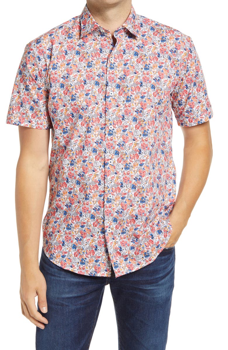 Bugatchi Shaped Fit Print Short Sleeve Button-Up Shirt, Main, color, 