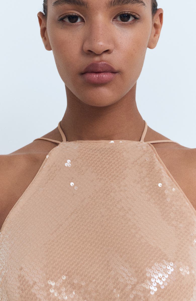 MANGO Sequin Halter Cocktail Dress, Alternate, color, Beige