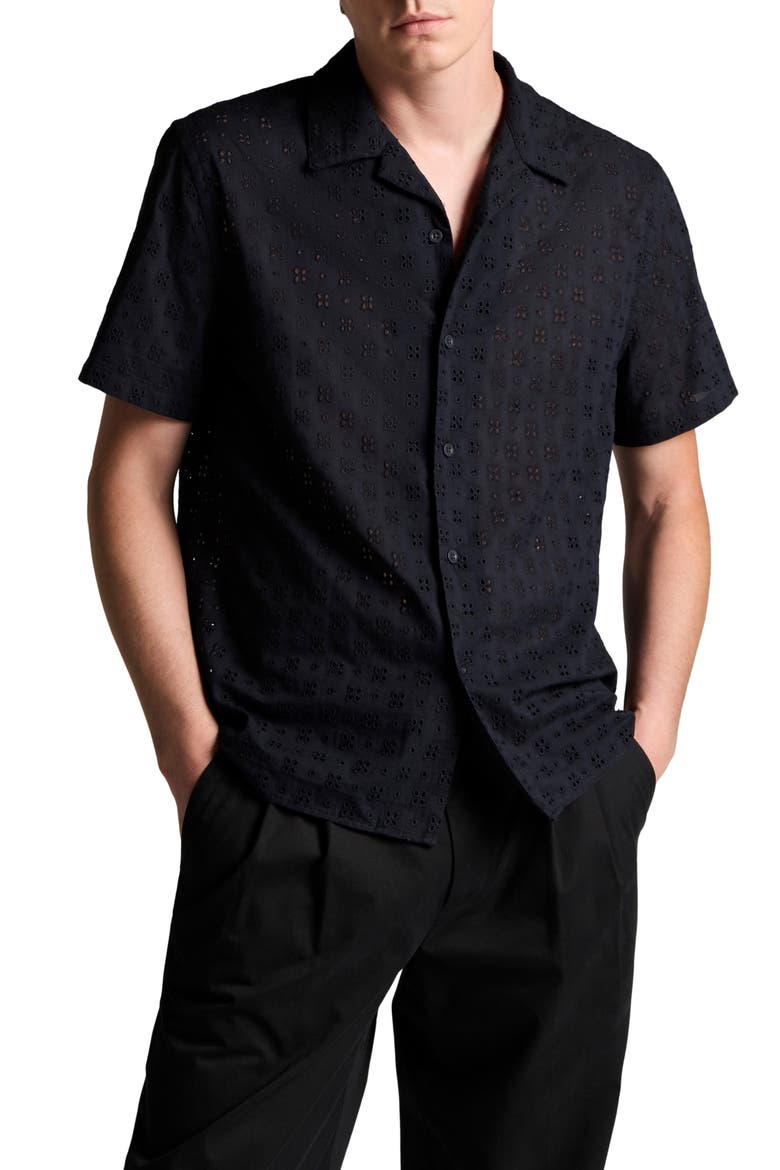 Floral Eyelet Cotton Camp Shirt, Main, color, COASTAL