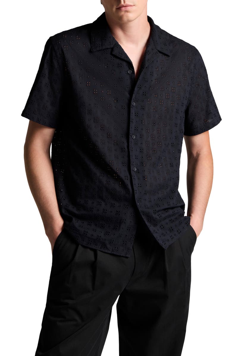 Vince Floral Eyelet Cotton Camp Shirt, Main, color, Coastal