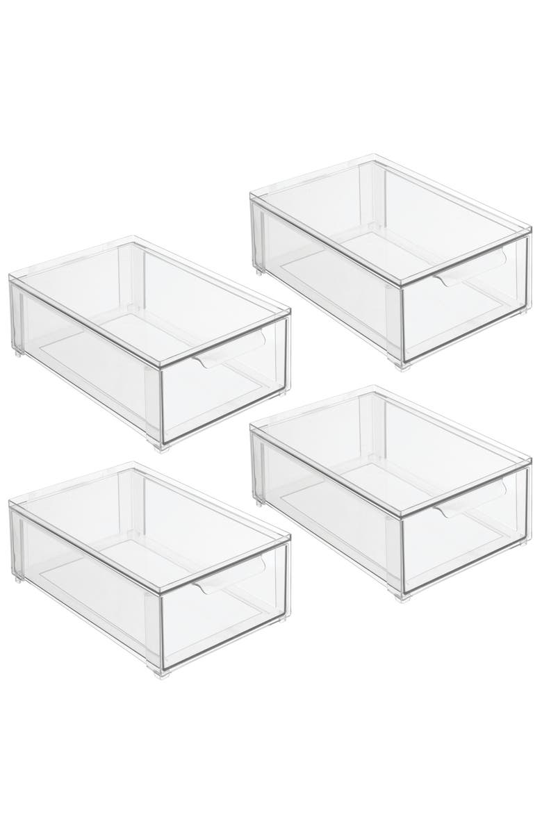 mDesign Stackable Storage Drawer - Pull-Out Sliding Organizer for Kitchen, Pantry - Clear - 4 Pack, Main, color, Clear