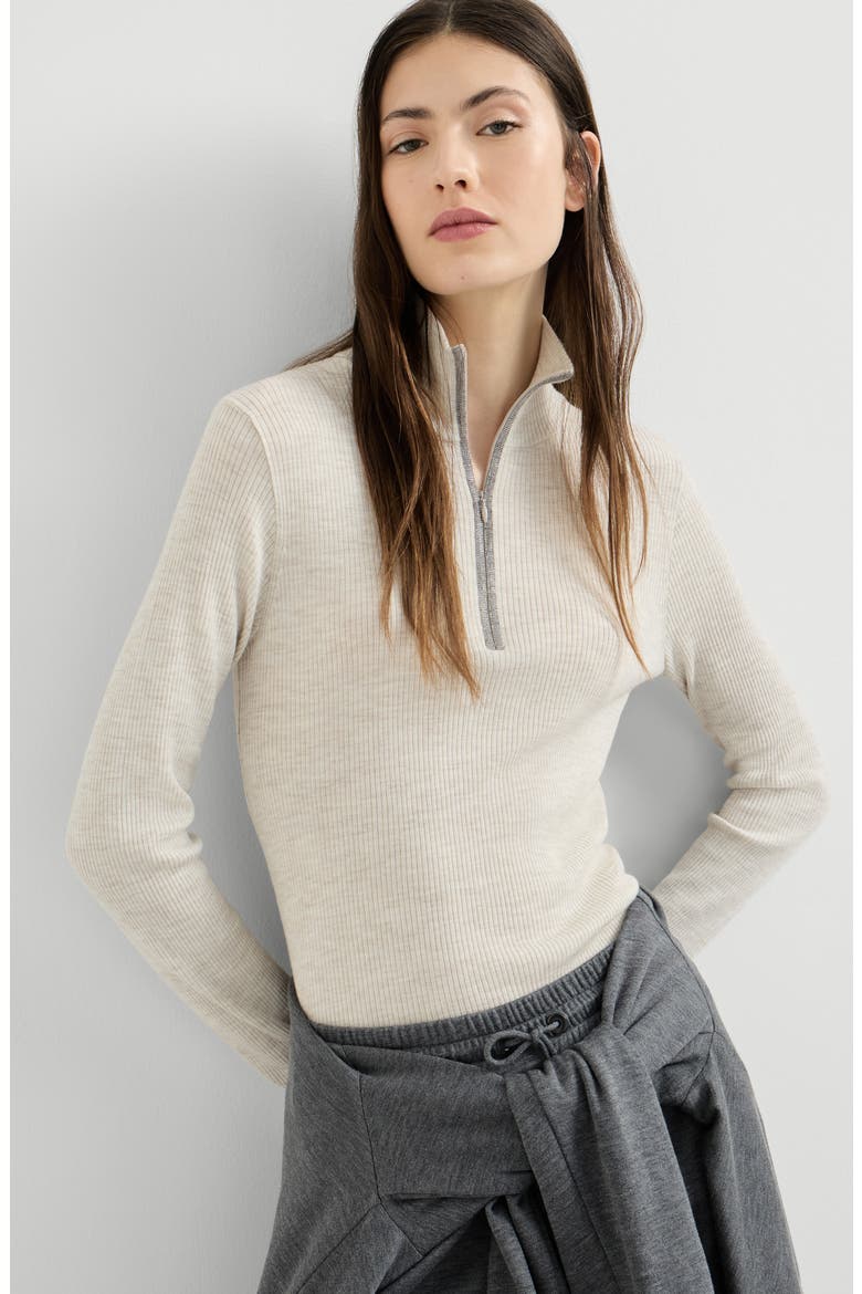 Virgin wool and cashmere lightweight ribbed turtleneck sweater with precious half zip, Alternate, color, Pearl Grey