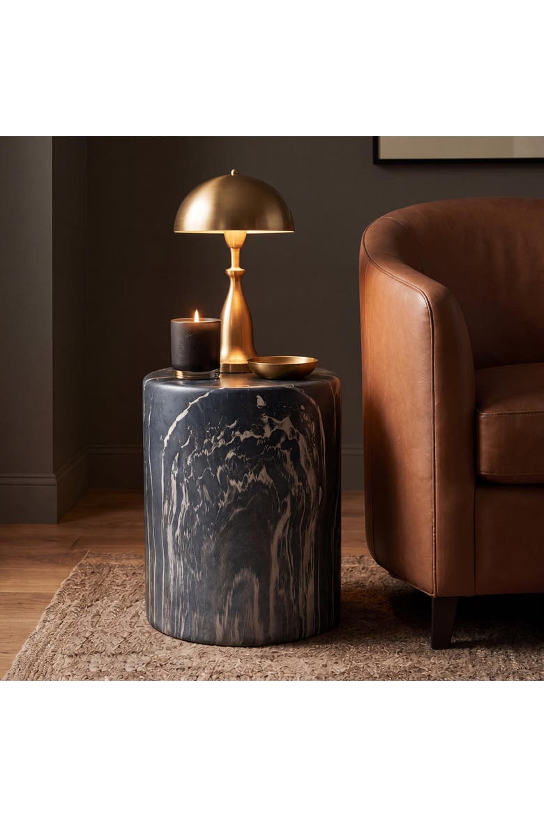 Troy Modern Faux Marble Cylinder Accent Table, Round Pedestal End Table & Decorative Indoor Stool for Living Room, Alternate, color, Black Marble Finish