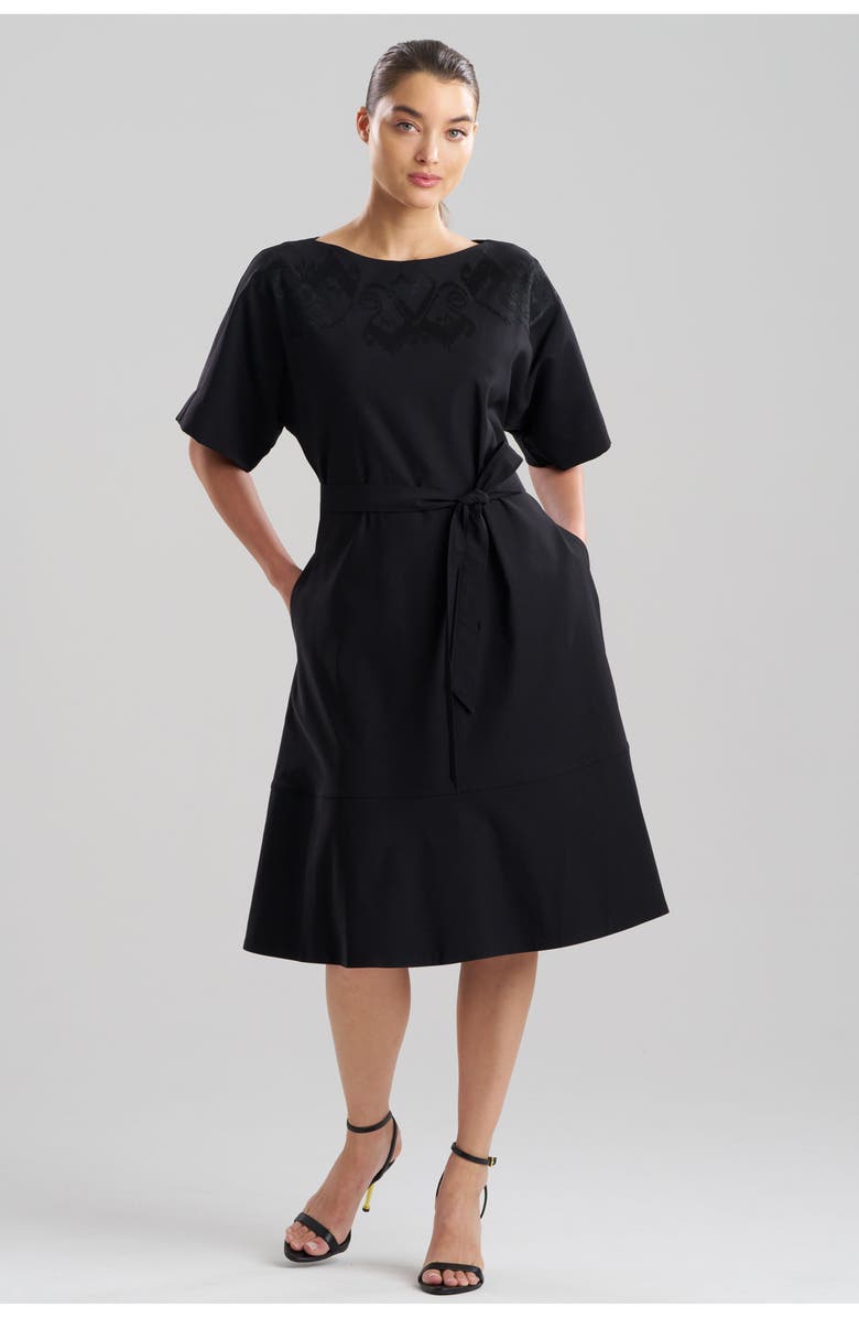 N Natori Solid Lightweight Woven Boatneck Dress with Embellishment, Main, color, Black