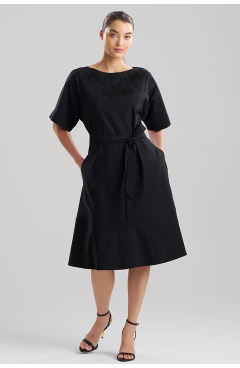 Solid Lightweight Woven Boatneck Dress with Embellishment
