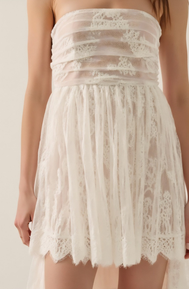 Modenaire Strapless Lace High-Low Dress with Sheer Bodice and Tiered Skirt, Alternate, color, 