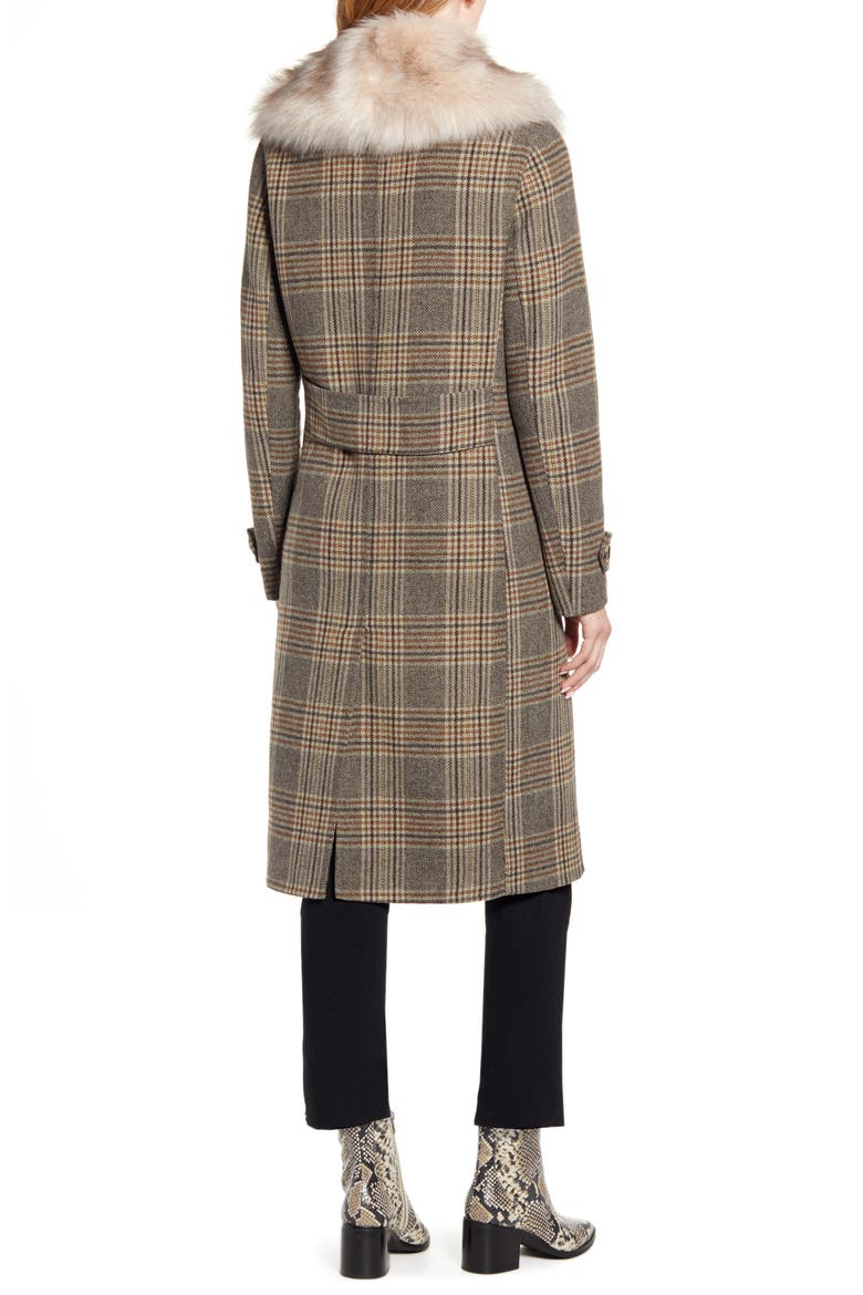 Plaid Wool Blend Coat with Removable Faux Fur Collar, Alternate, color, BROWN PLAID