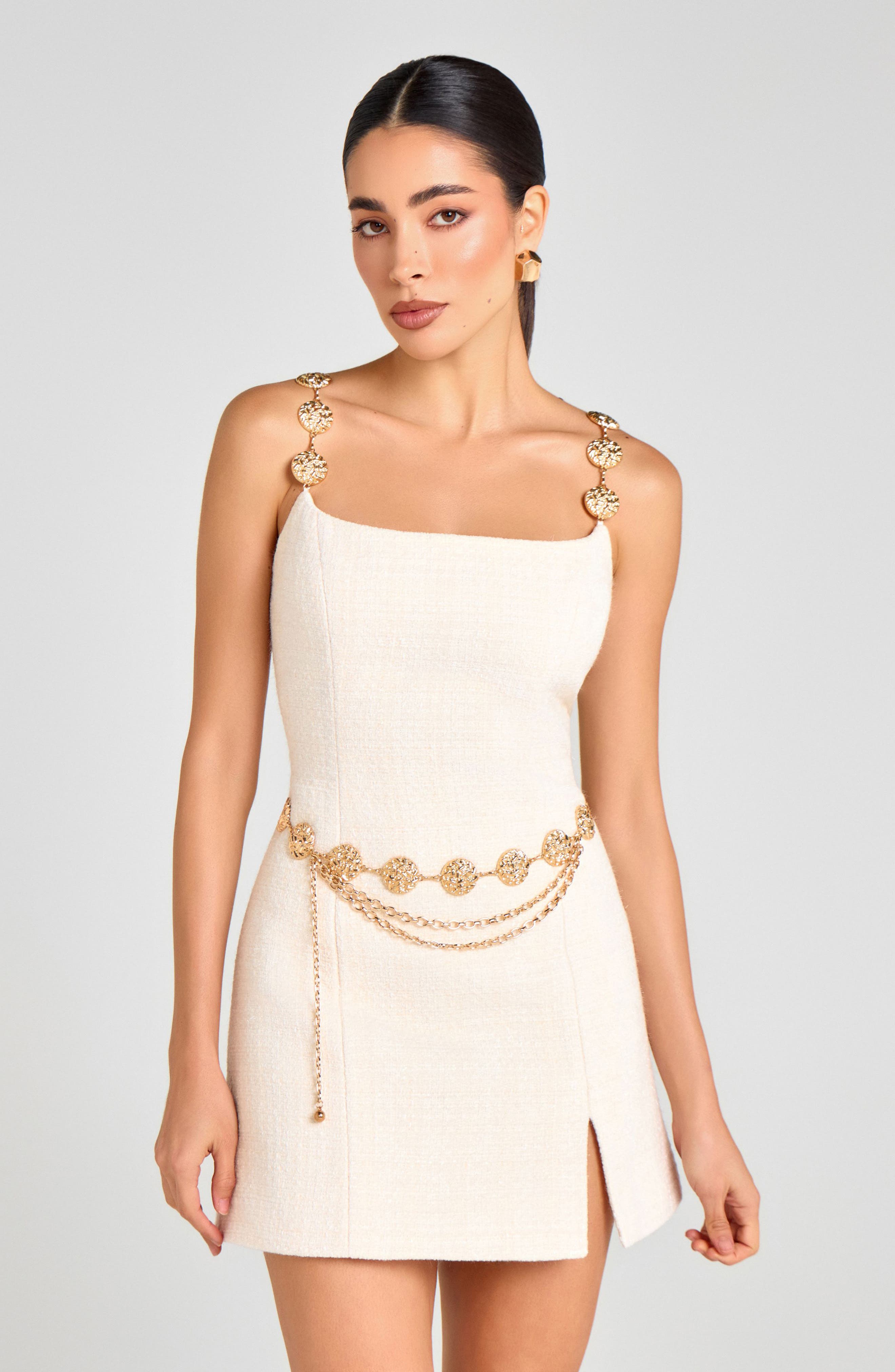 white short dress with gold belt Floral Crochet Mini Dress with Gold Leaf Belt 48691