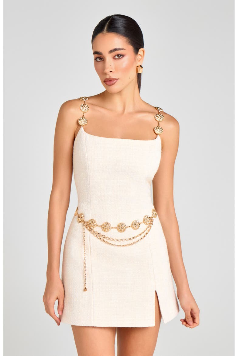 Chain Belt Tweed Cocktail Minidress, Alternate, color, WHITE