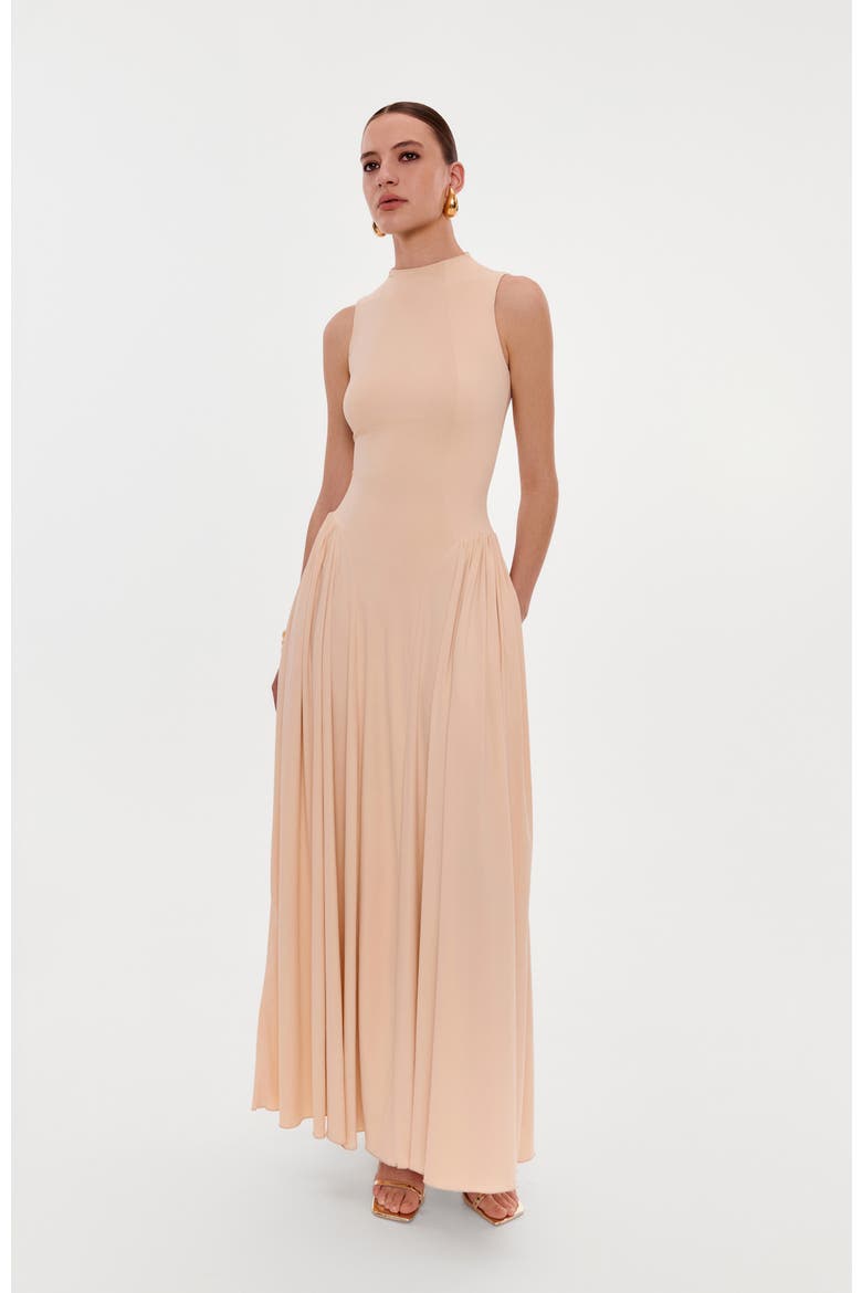 Sleeveless mock neck dress with a pleated maxi skirt, Alternate, color, Nude