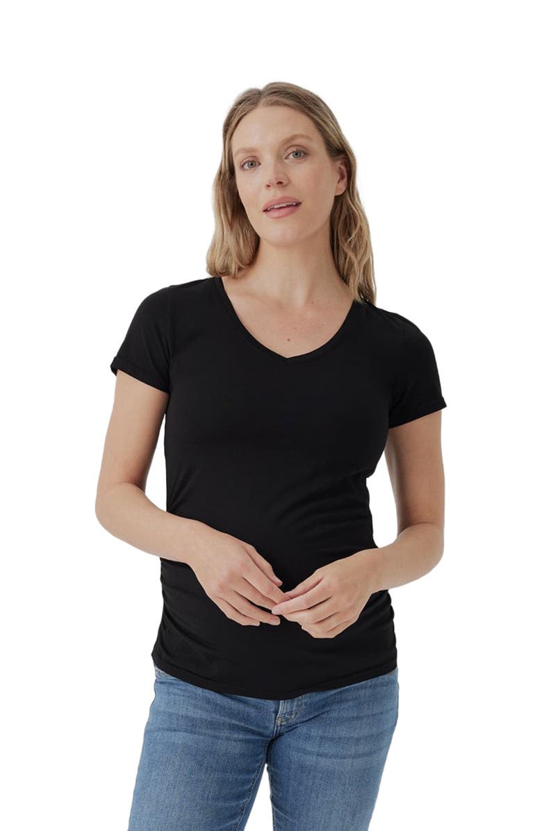 Pact Organic Maternity Ruched V-Neck Tee, Main, color, Black