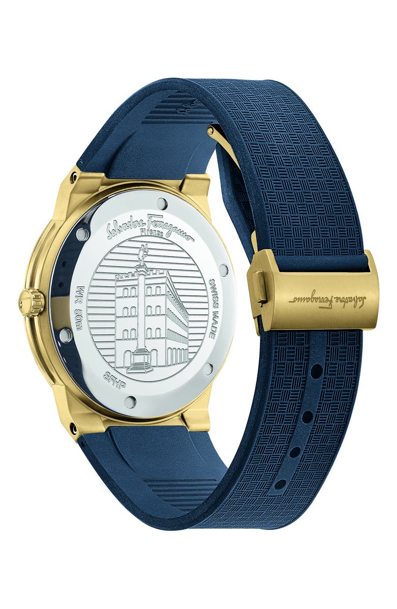 FERRAGAMO Sapphire Rubber Strap Watch, 41mm, Alternate, color, Blue/ Gold
