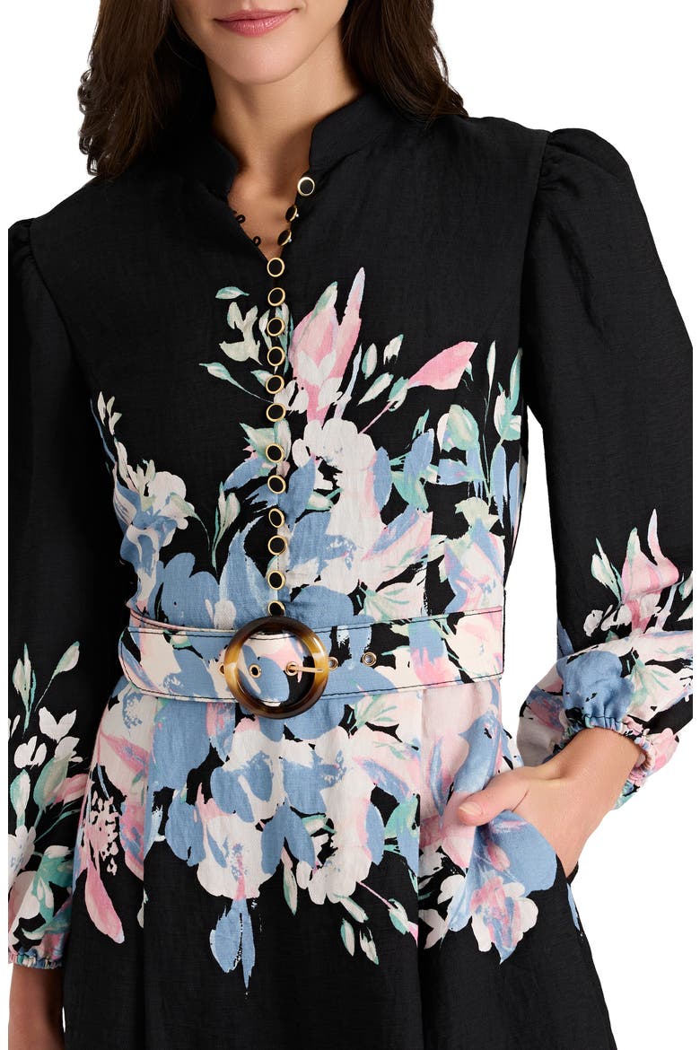 Border Belted Puff Shoulder Dress, Alternate, color, BLACK BLUE PINK