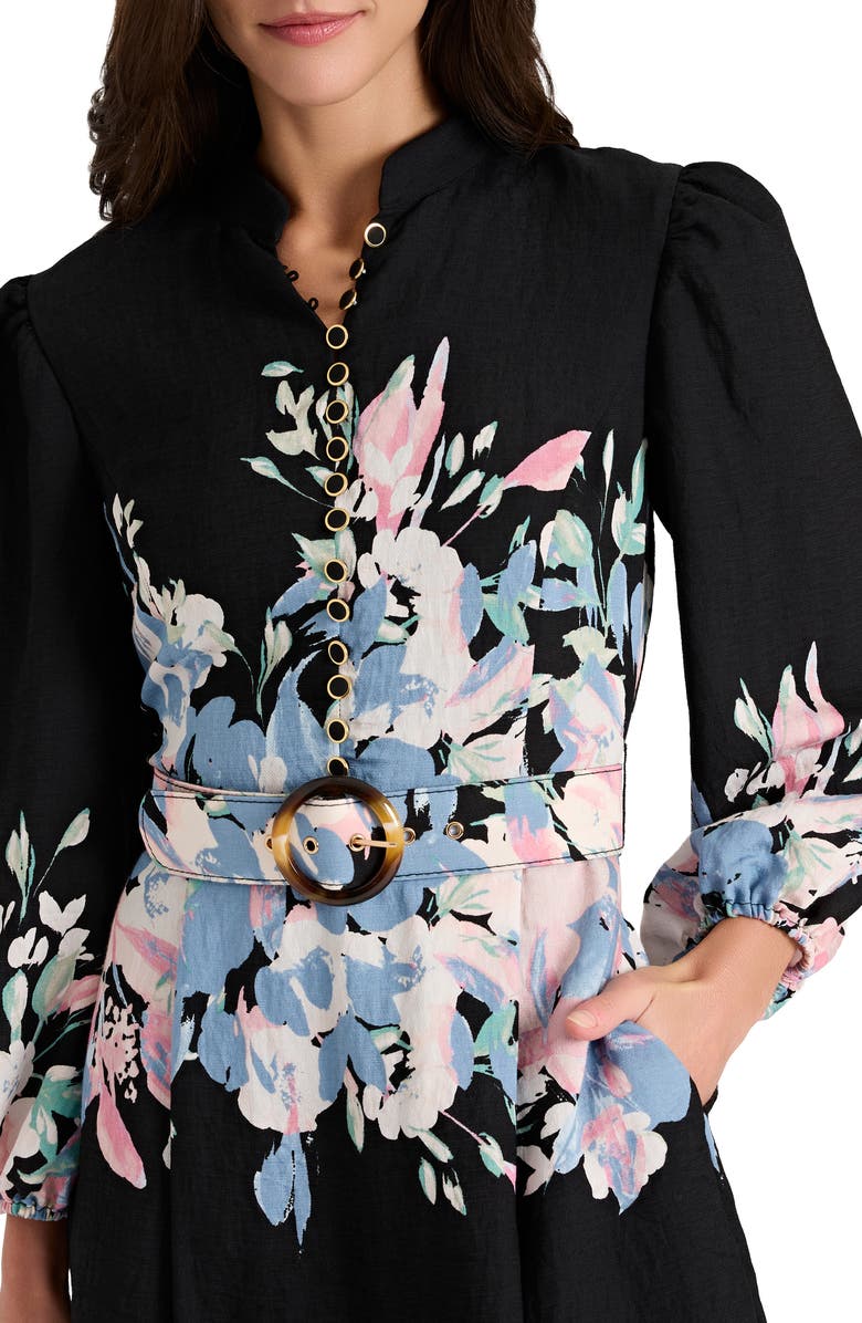 Tahari ASL Border Belted Puff Shoulder Dress, Alternate, color, Black Blue Pink