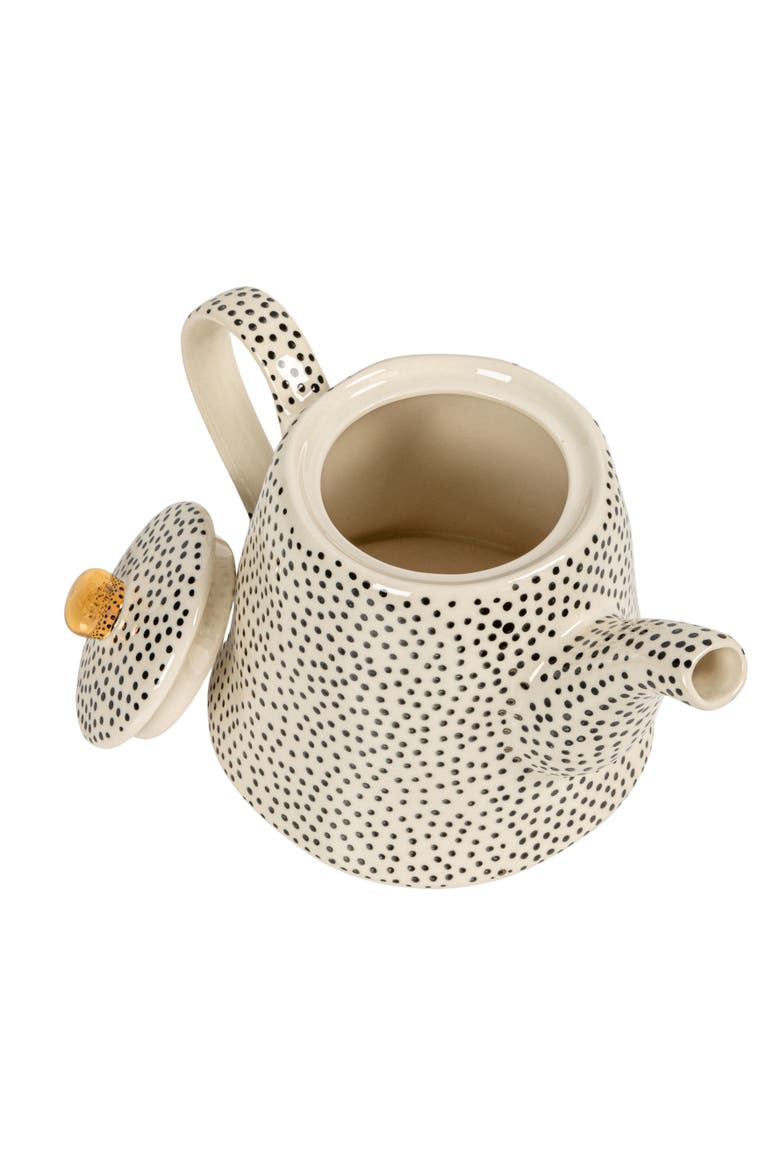 White Stoneware Teapot with Black Speckles & Gold Electroplating, Alternate, color, Black
