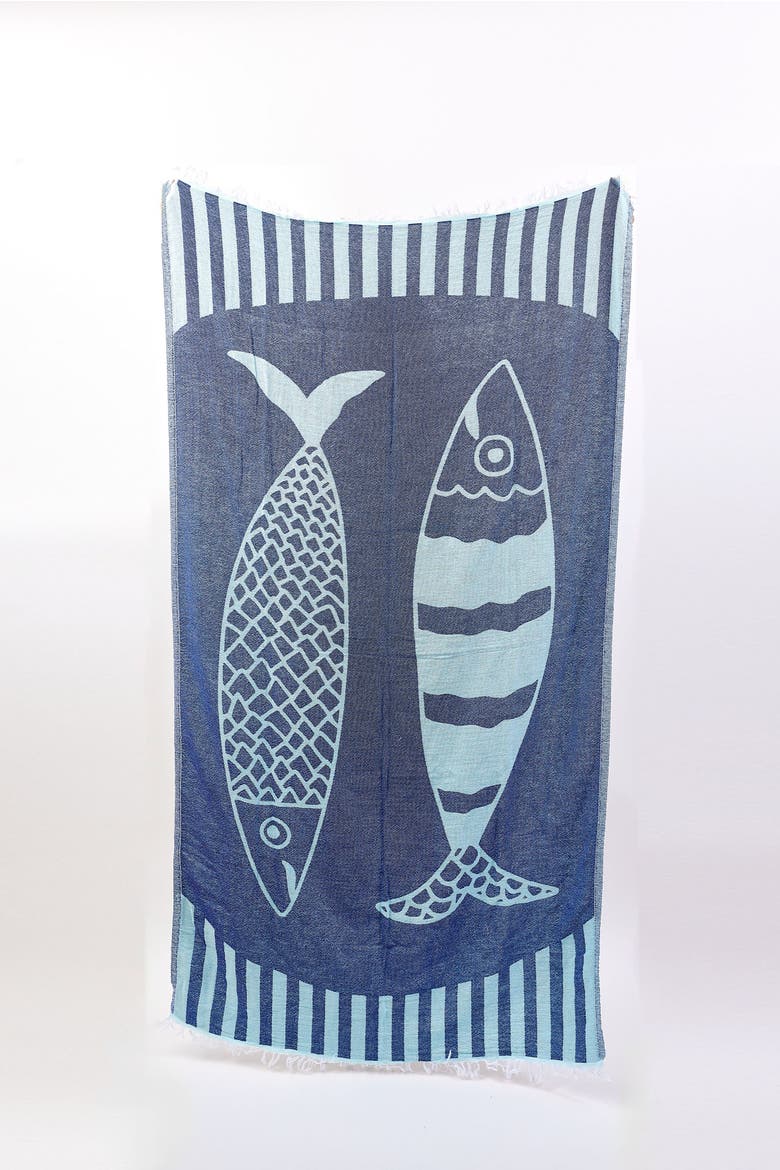 Novelty Turkish Towel, Alternate, color, Double Fish Navy/Teal
