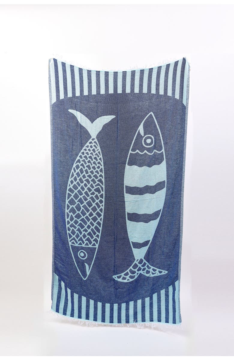 Hat Attack Novelty Turkish Towel, Alternate, color, Double Fish Navy/Teal