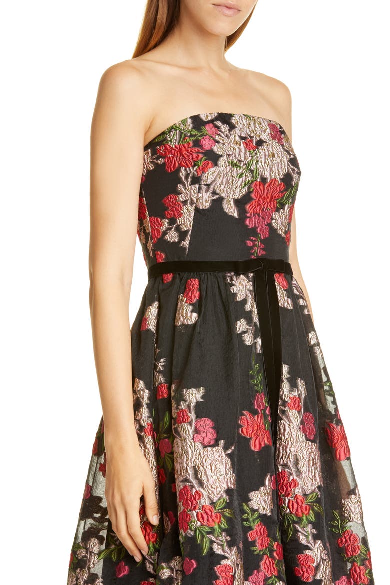 Floral Embroidered Strapless Midi Dress, Alternate, color, BLACK